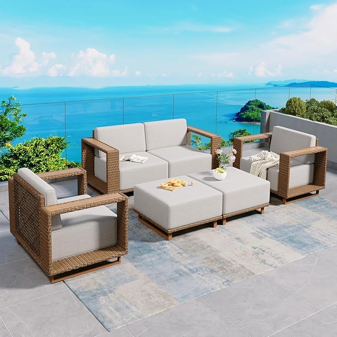 Sectional Outdoor Patio Furniture,Outdoor Rattan Wicker Sectional Sofa with 10''Ultra-Thick Cushions,All Weather Patio Conversation Set for Lawn Garden Backyard,Beige SUNSHINEVALLEY