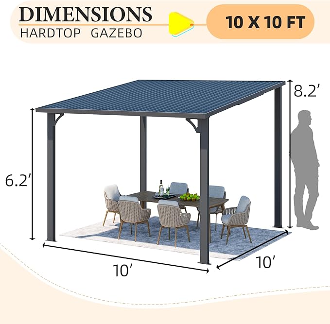 AECOJOY 10' x 10' Hardtop Gazebo Outdoor Pergola, Heavy Duty Lean to Metal Pergolas and Gazebos Clearance, Wall-Mounted Grill Gazebo Galvanized Steel Patio Roof Awnings for Patio, Decks AECOJOY