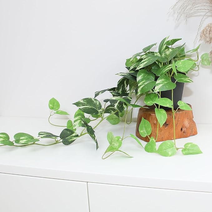 Fake Pothos Hanging Plants - 33" Set of 2 Artificial Silk Ivy Vines with Pots, Realistic Faux Greenery for Indoor Home Office Bathroom Decor, Low Maintenance Hanging Plant Decoration - Golden Green ALYPTUS