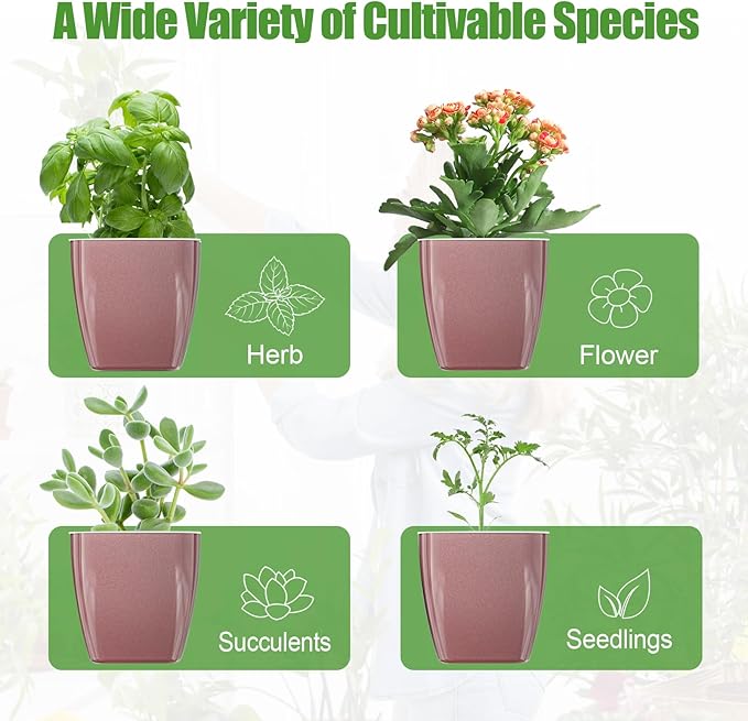 4 Pack Self Watering Pots 4-inch Decorative Flower Planters for Indoor Plants Modern Square planters for Small Plants Window Sill Planters for Succulents, African Violets, Herbs(Rose Gold) Oliz