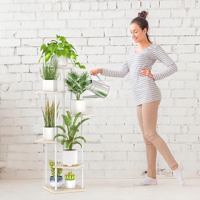 6 Tier Tall Plant Stand Indoor, Large Metal Wood Muti Level Vertical Planter Shelf Orchid Holder for Narrow Corner, Sturdy Heavy Duty Flower Display Rack for House Decor Living Room Bedroom, White Oppro