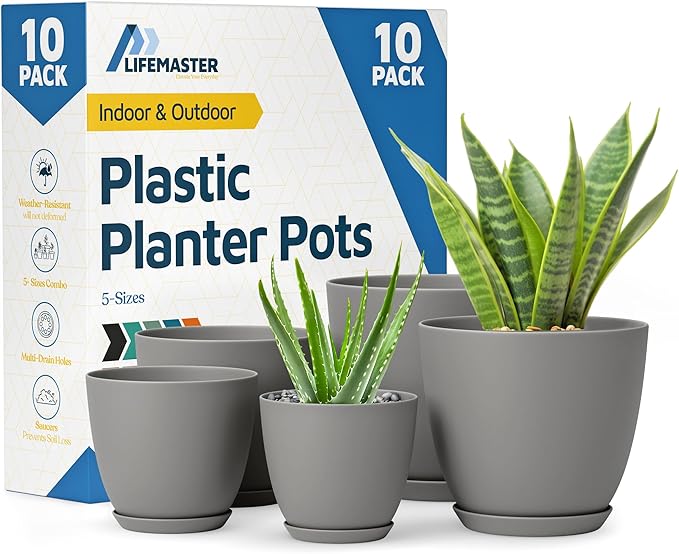 Planter Pots with Drainage Holes - Lightweight, Durable & Space-Saving Pots for Indoor and Outdoor - Versatile Functionality, Simple Modern Design, Set of 10 Plastic Planter Pots - Gray LIFEMASTER