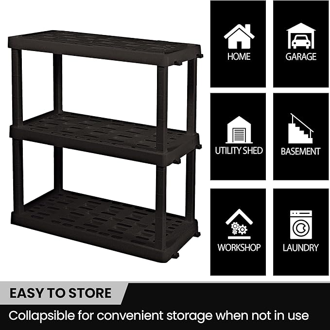 Oskar Heavy Duty Plastic Storage Shelves- for Garage, Kitchen, Bathroom Basement Kids Room, Stackable 3-Tier Black Organizer Rack for Books Shoes, Toys, Pantry, Cleaning and Closet Organization Koolatron