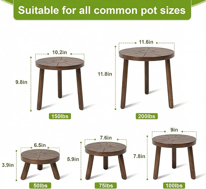 Delma Wood Plant Stands Indoor, 5-Pack Single Plant Stand for 6-12 Inch Pots, Mid-Century Modern Plant Stool, Tall Plant Stand for Large Plants for Living Room, Balcony, Office (Dark Brown, 5-Pack) Delma