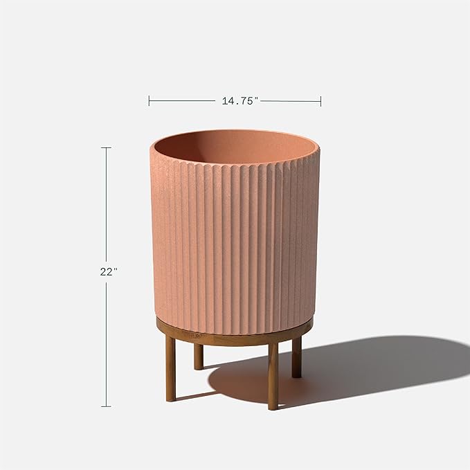 Veradek Demi Series Round Planter w/Stand for Porch/Patio | Durable Plastic-Stone Composite & Wooden Stand | Modern Décor for Tall Plants, Flowers VeradekOutdoor
