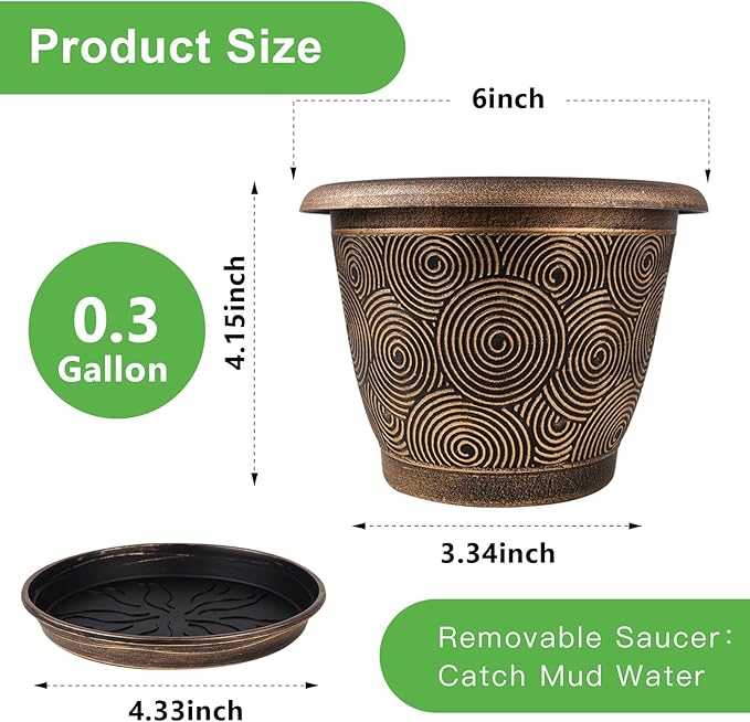 6 Inch Flower Pots Planters for Indoor Outdoor Plants, 6 Pack Plastic Small Plant Pots with Drainage Hole & Tray, Modern Decorative Garden Pot with Saucer, Plant Container for House Fodetyff