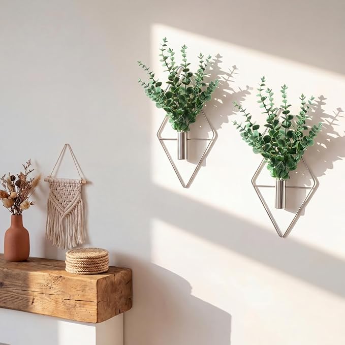 2 Pieces Wall Decor Hanging Planters with Artificial Plants Metal Hanging Vase Indoor Plants Holder Modern Boho Wall Art for Bathroom Bedroom Living Room Decor(Silver, Eucalyptus) Canlierr