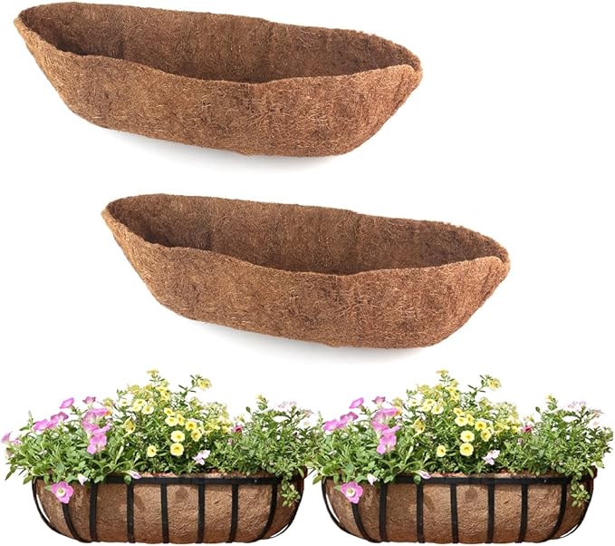 2 Pack Trough Coco Liner Fiber Replacement for Planters, 24/30/36/48 inch Half Moon Coconut Coir Planter for Window Box/Hanging Trough Planter, Garden Flower Vegetables Pot, Fence Flower Baskets EROCK