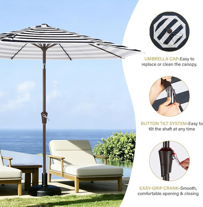 MEWAY 9ft Patio Umbrella Outdoor Table Umbrellas with Push Button Tilt and Crank, Market Umbrella 8 Sturdy Ribs for Deck, Garden, Pool and Backyard, Black-white-striped MEWAY
