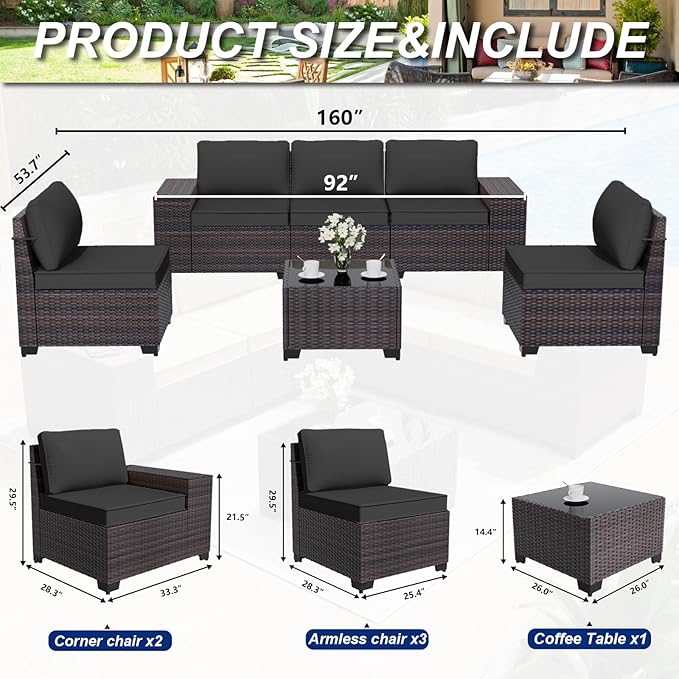 ALAULM 6 Pieces Patio Furniture Set, Oversized Seat/Armrest and High Back Wicker Sectional Furniture Set with Thick Cushion for Backyard, Garden, Black ALAULM