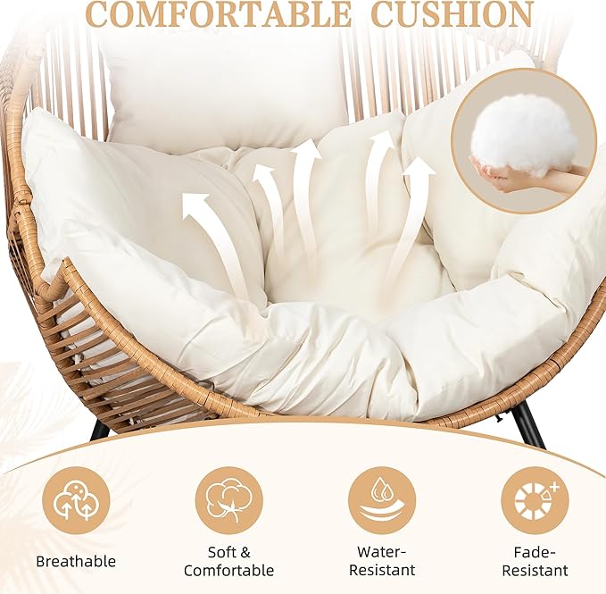Vongrasig Wicker Egg Chair PE Rattan Rocking Chair with Cushion, Oversized Patio Lounge Rocker Chair for Outdoor, Indoor, Balcony, Backyard, Garden, Beige Vongrasig
