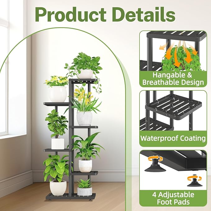 iDavosic.ly Plant Stand with Grow Light Indoor Outdoor, 5-Tier Tall Metal Flower Shelf for Heavy-Duty Large Planters, Corner Orchid Display Rack for Living Room Balcony Patio Porch, Modern Black iDavosicly