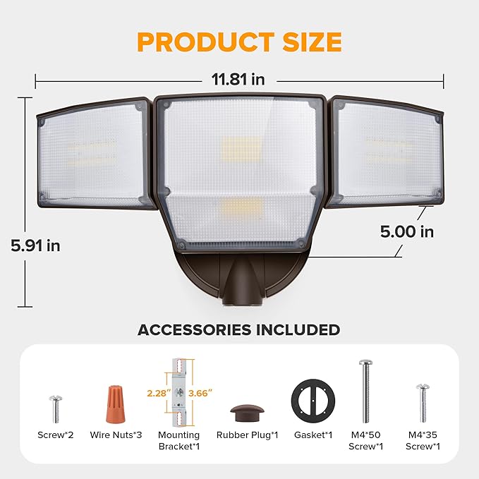 LUTEC 80W Dusk to Dawn Flood Lights Outdoor, 9000LM Super Bright LED Security Light with Photocell, IP65 Waterproof, 5000K Daylight, Hardwired 4 Heads Floodlight for Garage, Yard, Patio (Brown) LUTEC