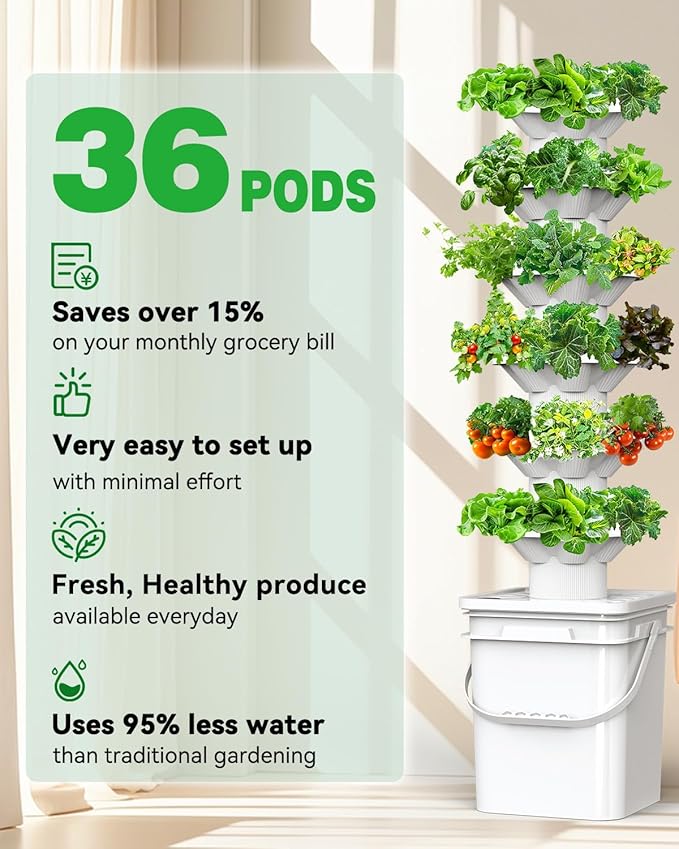 Vertical Hydroponics Growing System Kit, Indoor Outdoor Gardening System Kits, Herb & Fruits Growing Hydroponic Tower, 6 Layers (36 Pods) sjzxuv