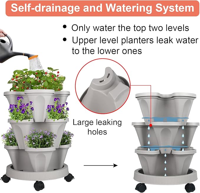 GameXcel Vertical Planter 3 Tier Stackable Planters Garden Planters Strawberry Herb Flower and Vegetable Planter Indoor Outdoor Gardening Pots with Removable Wheels and Tools 2-Pack GameXcel