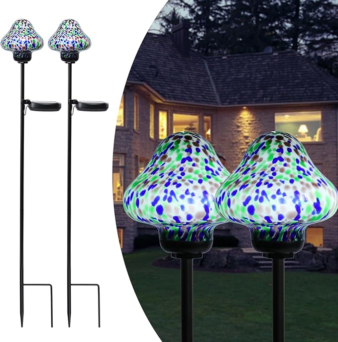 Solar Outdoor Lights Decorative Solar Glass Mushroom Lights Waterproof LED Waterproof Garden Stake Light for Walkway Pathway Lawn Patio Yard Decorations 2 Pack Multi Afirst