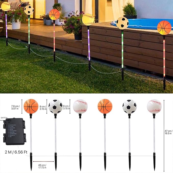 Battery Powered Garden Sports Ball Theme Party Stake Lights Soccer Basketball Football Baseball Mixed LED Landscape Path Lights Indoor/Outdoor Christmas Festival Home Patio Decoration Lamps AUGPET