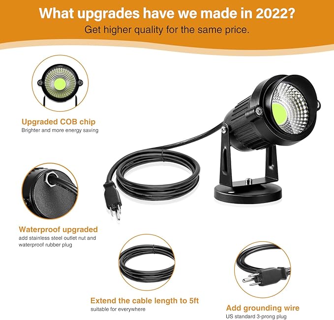 LemonBest Landscape Lights - 5W 110V Outdoor Spotlight - Waterproof IP65-3000K Cool White LED Landscape Lights - 5ft Cable for Yard Garden Patio Driveway House (Include Spike) (4 Pack) LemonBest