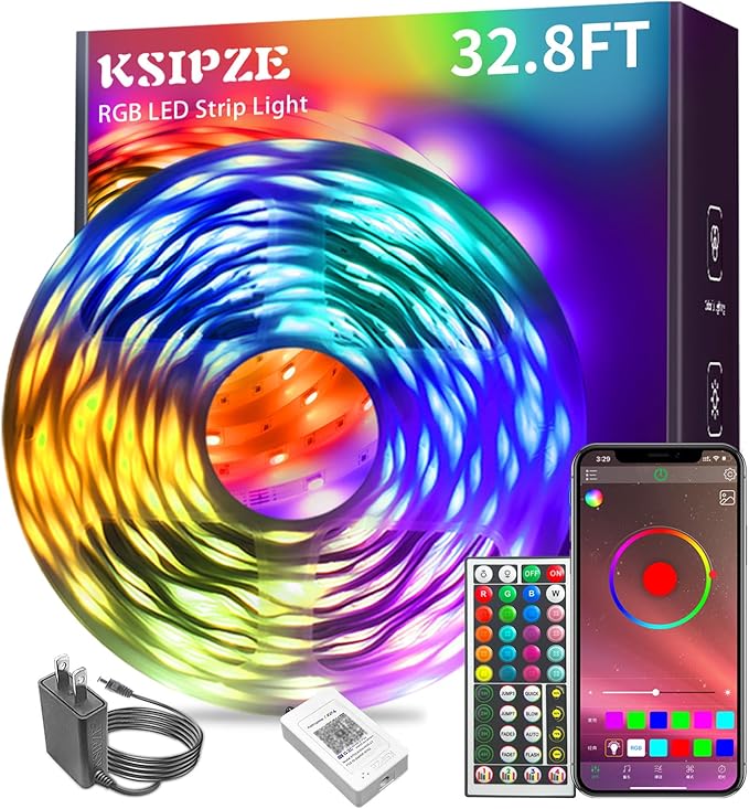 KSIPZE 32.8ft Led Strip Lights RGB Music Sync Color Changing Bluetooth Led Lights with Smart App Control Remote Led Lights for Bedroom Room Lighting KSIPZE