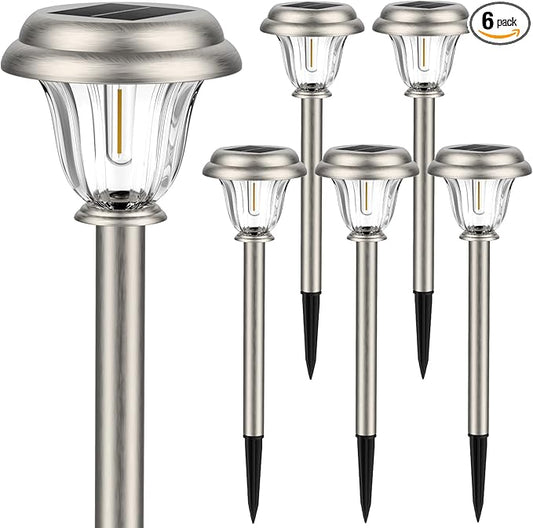 DERAYSION Solar Lights Outdoor Waterproof, Brushed Stainless Steel Glass Solar Pathway Lights, Auto On/Off Long-Lasting Outdoor Solar Lights for Garden, Landscape, Path, Yard 6 Pack DERAYSIONSolarLighting