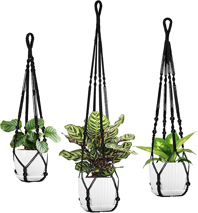 Macrame Plant Hanger - Fits 4 to 15 inches Pots for Indoor Outdoor, 43"/35"/29" Different Sizes Set, Black (POTS NOT Included) IDEEEPAN