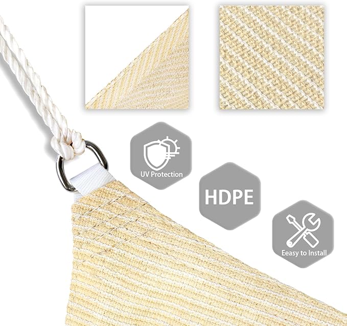 Patio Paradise 14' x 14' x 14' Sun Shade Sail Triangle Canopy Shade Cloth Fabric Sunlight Block Patio Pergola Cover HDPE Deck Awning for Outdoor Backyard Roof Shading, Beige Patio