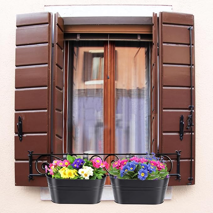 MADHOLLY Railing Planter with Drainage Holes - Sturdy Bucket Pots for Railing Fence, Countryside Style Metal Flower Pots for Herbs Balcony Garden Yard Decor, 2Pcs, Black MADHOLLY