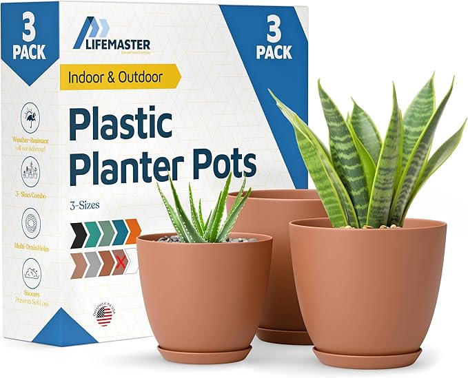 Terracotta Plant Pots with Drainage Holes & Saucers 3 Pack, Indoor & Outdoor Stackable Space-Saving Planters for Houseplants & Flowers, (7", 6.7", and 6" Inches), Durable & Weatherproof Materials LIFEMASTER