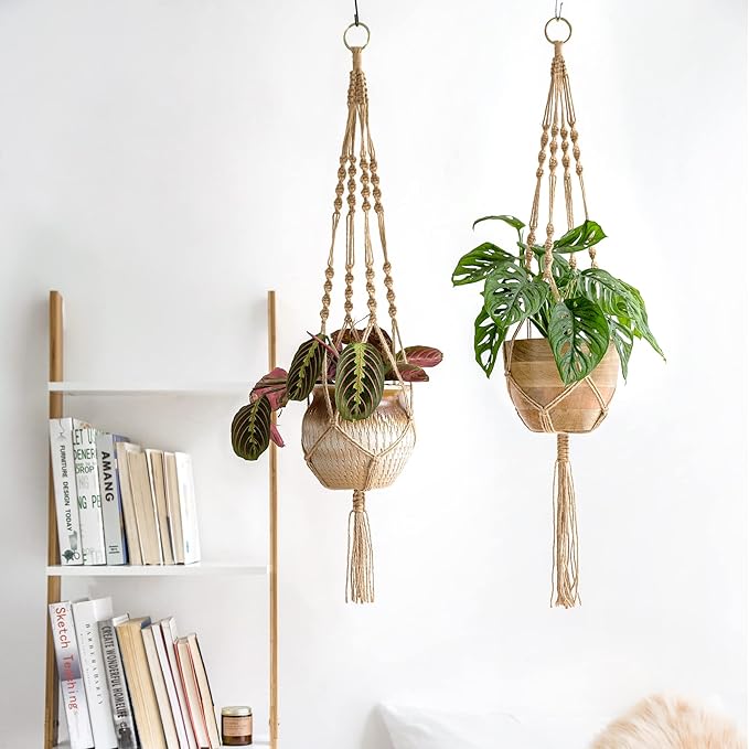 Mkono 2 Pack Macrame Plant Hangers Indoor Hanging Planter Basket Decorative Flower Pot Holder Jute Rope for Indoor Outdoor Home Decor 4 Legs 40 Inch, Brown Mkono