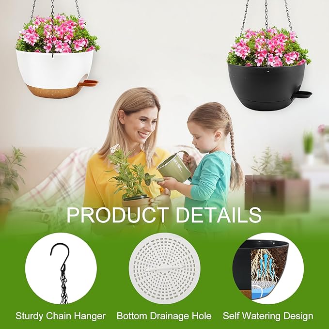 10 inch Hanging Planters for Indoor Plants, 3 Pack Self-Watering Hanging Planter Pots with Chain and Drainage Holes, Outdoor Plastic Hanging Baskets for Garden Home Decor Rootora