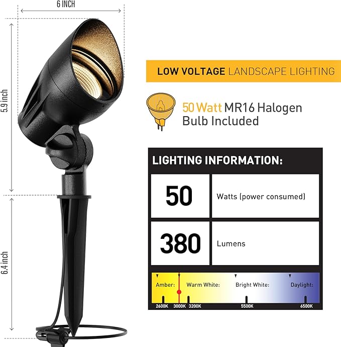 Malibu Landscape Lighting Outdoor 50W Spotlight Waterproof Halogen Floodlight Low Voltage Lights 380Lumen Warm White with Stake for Garden Yard Pathway Lawn Driveway Outdoor Lighting 6Pack 8301-9601 Rootora