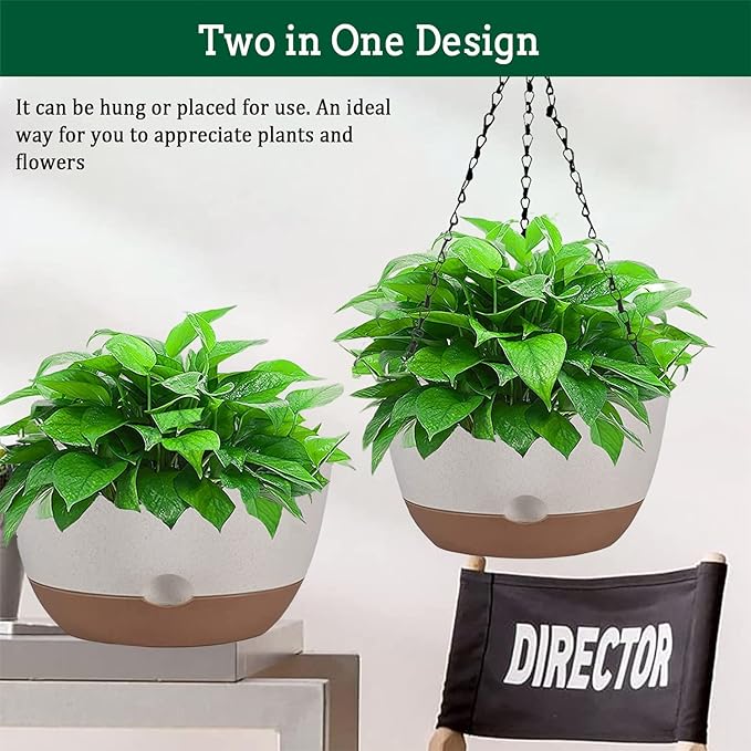 Hanging Planter Self Watering 10 Inch, 2 Pack Indoor Outdoor Hanging Baskets, Hanging Flower Pots with Drainage Hole & 2 Kinds of Plant Hangers for Garden Home Decor(Black Hanger Koalaime