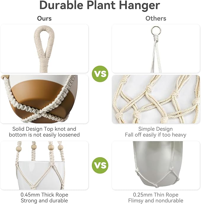 USLAI Macrame Plant Hanger Indoor Outdoor, Fits 4 to 15 Inch Pots, Strong Hanging Planter Holder, Boho Home Decor, 35 Inch, Ivory, Set of 3 (POTS NOT Included) USLAI