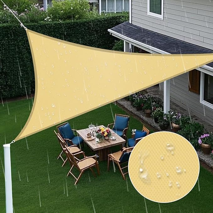 Artpuch Waterproof Sun Shade Sail, 12'x12'x12' Sand Triangular, UV Resistant Rain Canopy, Curved Edges Shade Cloth for Outdoor Patio, Deck, Yard Artpuch