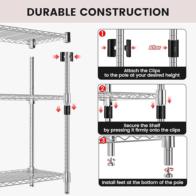 Xcity Storage Shelves, 3 Tier Heavy Duty Metal Shelving Unit with Wheels, 1050 LBS Capacity Adjustable Steel Wire Shelf Organizer for Pantry, Kitchen, Garage, 14" D x 24" W x 30" H, Chrome Rootora