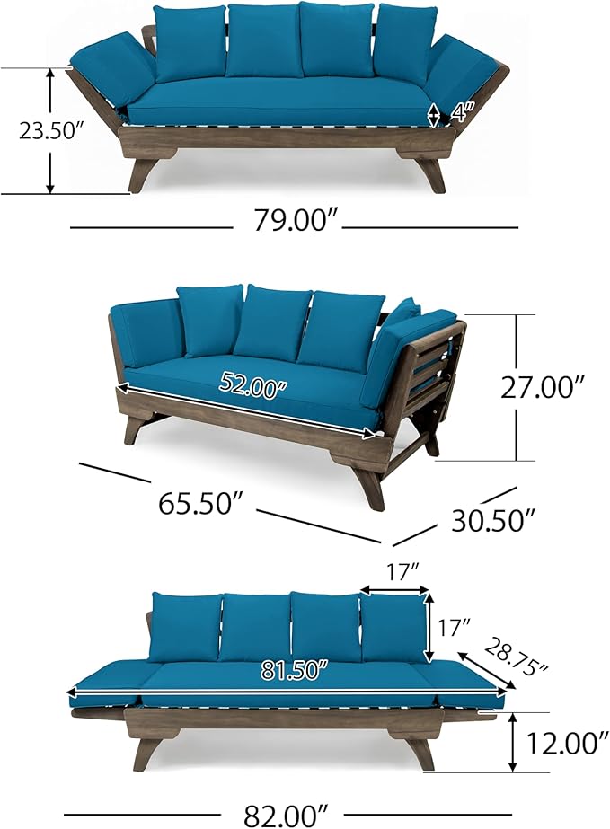 Merax Outdoor Patio Daybed Sofa,3-Seat Sofa with Foldable Arm 4 Back Pillows,Teak Acacia Wood Frame Beige Removable Cushion,Grey+Teal Merax