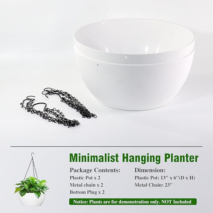WOUSIWER 13 inch 2Pack Large Hanging Planters for Outdoor Indoor Plants with Drainage Holes and Chain, Round Hanging Flower Pots for Garden Home Porch Decor, White WOUSIWER