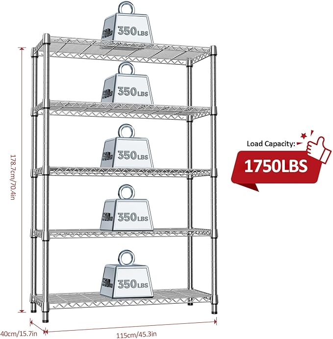IZEUK 1750LBS Garage Shelving Wide Storage Shelves 5 Tier Metal Shelves Heavy Duty Adjustable Utility Shelf Rack (Chrome, 5 Tier, 15.7" D x 45.3" W x 70.9" H) IZEUK