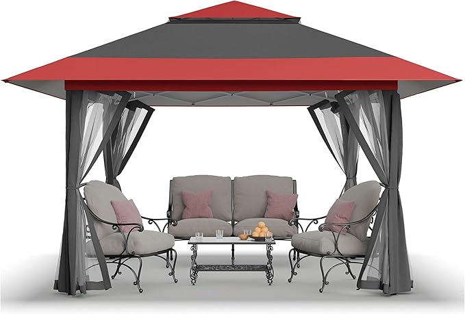 CROWN SHADES 13x13 Pop Up Gazebo, Canopy Tent, Gazebos on Clearance - Outdoor Gazebo for Backyard & Patio Furniture - Carpa Pop Up Tent with Wheeled STO-N-Go Cover Bag (Red & Grey) CrownShades