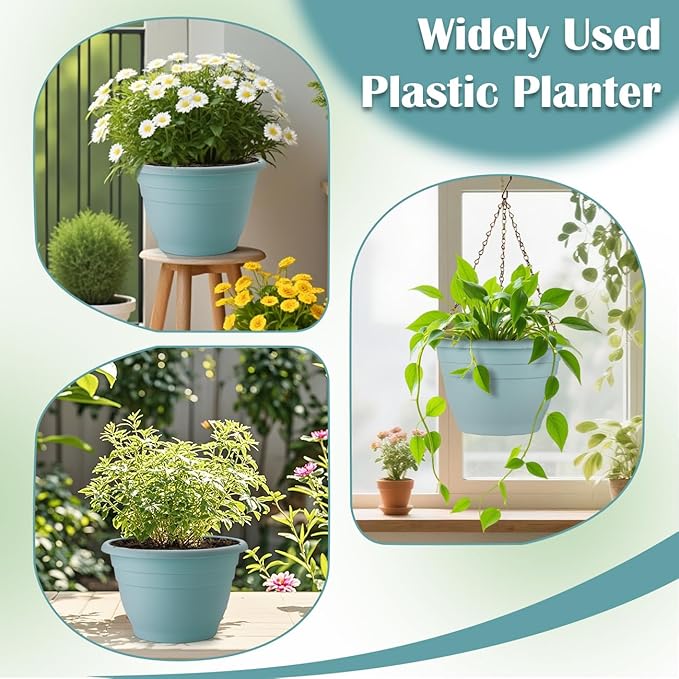 3 Pack 11 Inch Plant Pots with Drainage Hole and Plug, Durable Plastic Flower Pots for Indoor & Outdoor Plants, Elegant Mordern Plant Pots Perfect for Herbs, Flowers & Succulents, Blue RooTrimmer