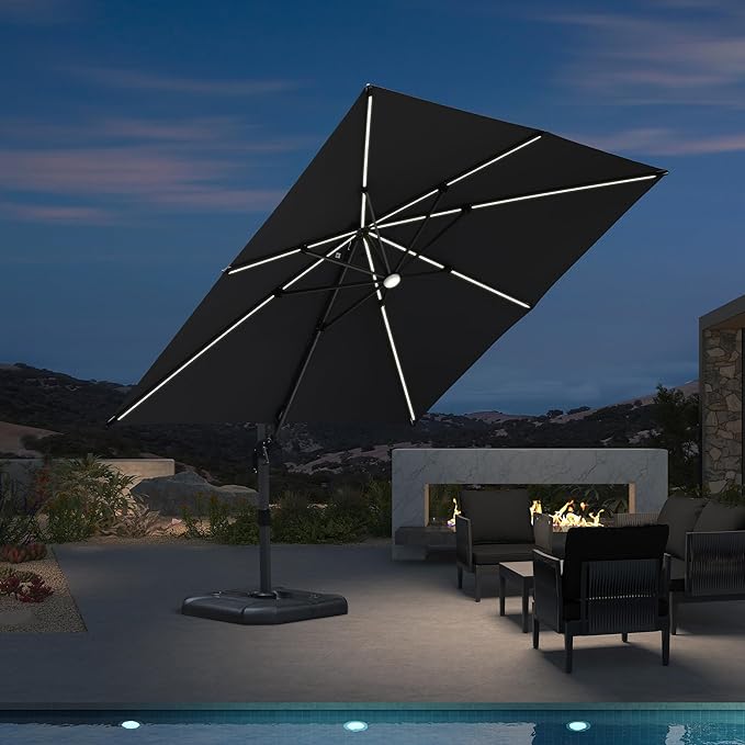 PURPLE LEAF 10 Feet Patio Umbrella Outdoor Cantilever Solar Powered LED Square Umbrella Aluminum Offset Umbrella with 360-degree Rotation for Garden Deck Pool Patio, Grey PURPLELEAF