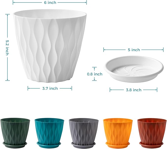 FaithLand 6-Pack 6-Inch Plastic Plant Pots with Saucers | Thickened PP Material, Modern Wave Texture, Enhanced Drainage for Indoor/Outdoor Garden Plants | Tricolor Value Set FaithLand