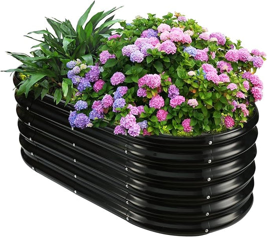 17" Tall Outdoor Garden Raised Garden Bed Kits, 4ft X 2ft Oval,0.8MM Thick Metal Raised Planter Bed/Ground Planter Box for Variety of Flowers,Herbs,Vegetables (Black, 48X24X16.5 Inches) YSEJOMP