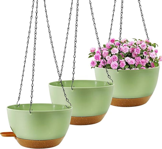 10 inch Hanging Planters for Indoor Plants, 3 Pack Self-Watering Hanging Planter Pots with Chain and Drainage Holes, Outdoor Plastic Hanging Baskets for Garden Home Decor Rootora