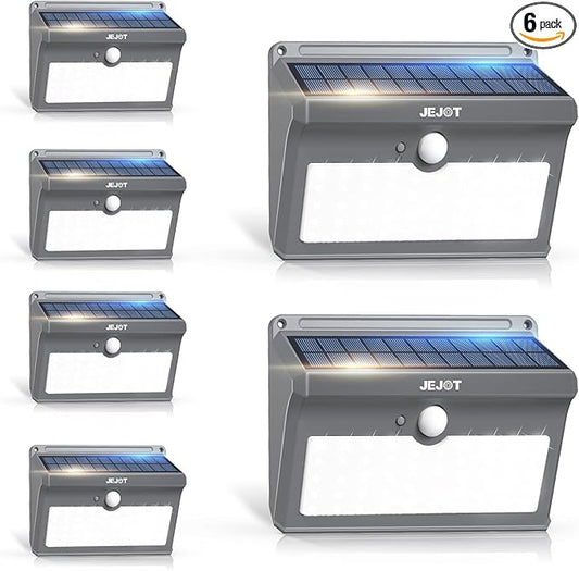 6 Pack Solar Motion Lights Outdoor Waterproof, 270° Wide Angle,3 Modes Solar Wall Lights, Anti Glare Solar Powered Flood Lights for Fence Garage Garden Patio Yard JEJOT