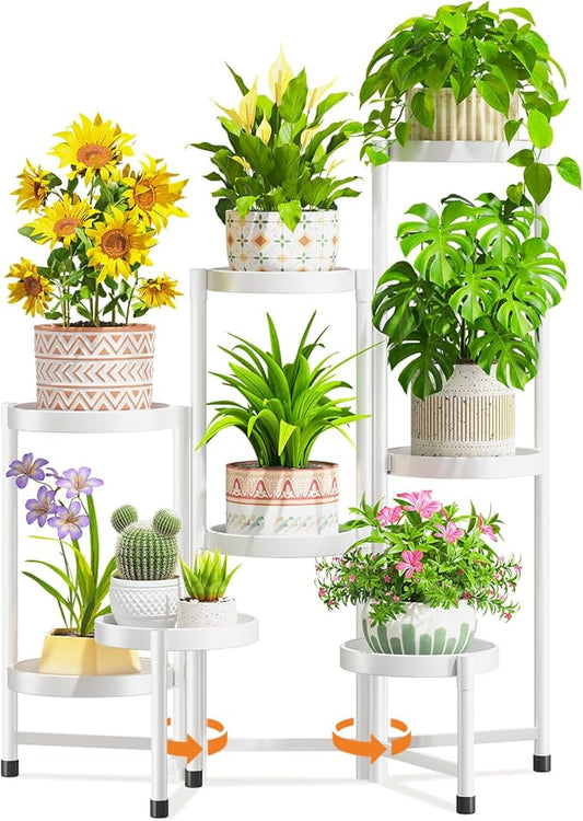 LASZOLA 8 Tiered Folding Tall Plant Stand Indoor for Multiple Large Planter, Heavy Duty Metal Adjustable Flower Rack for Narrow Corner, Sturdy Vertical Spiral Shelving Holder for Modern House, White LASZOLA