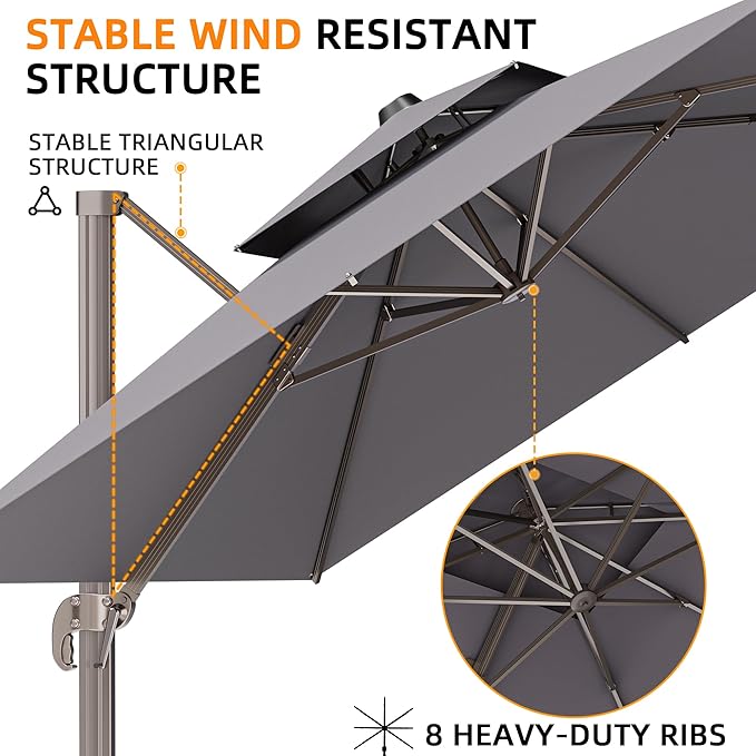9' X 12' Cantilever Outdoor Patio Umbrellas Double Top Large Rectangle Umbrella Heavy Duty 360°Rotation Offset Umbrella for Garden Deck Pool Patio,Grey ORYNTREX
