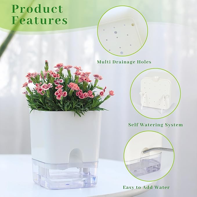FAMZ Self Watering Planters 4 Pack，Self Watering Pots for Indoor Plants，Automatic Moisturizing，Transparent Square Flower Pot for Indoor and Outdoor Plants，Succulents，Violets，Ivy FAMZ