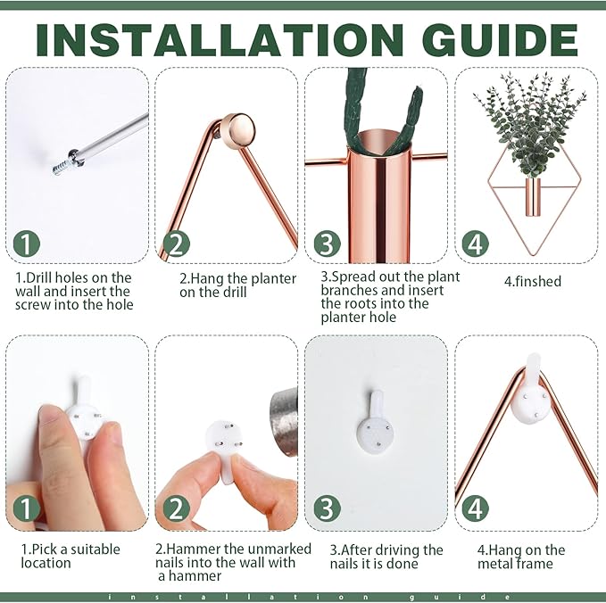 Jexine 8 Pcs Hanging Planters with Artificial Eucalyptus Metal Hanging Vase Indoor Plants Holder Modern Geometric Boho Bathroom Wall Decor for Living Room Home Office (Eucalyptus,Rose Gold) Jexine