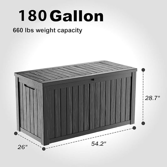 180 Gallon Resin Outdoor Deck Box Waterproof Patio Furniture, Garden Tools, Cushions, Pool Accessories Outside Storage (Black, 180 Gallon) MAIUSCOLI